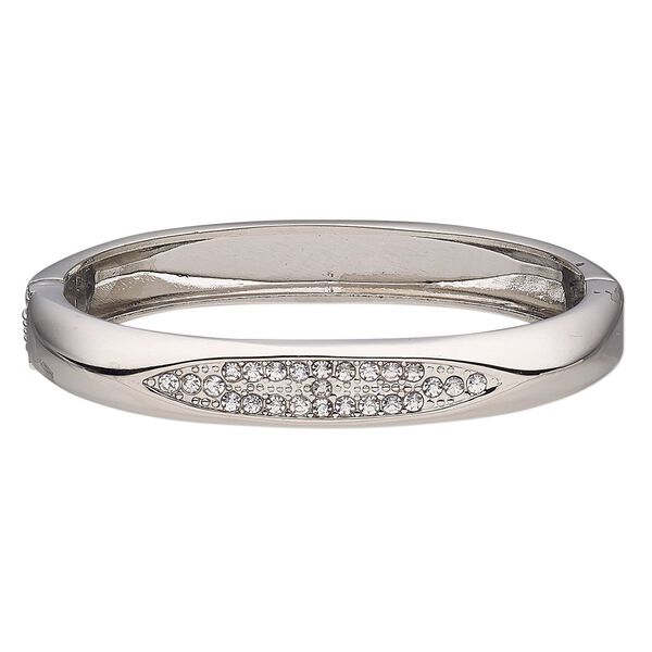 Bracelet, hinged bangle, glass rhinestone with imitation rhodium-finished steel and "pewter" (zinc-based alloy), clear, 10mm wide, 7 inches. Sold individually. image number 0