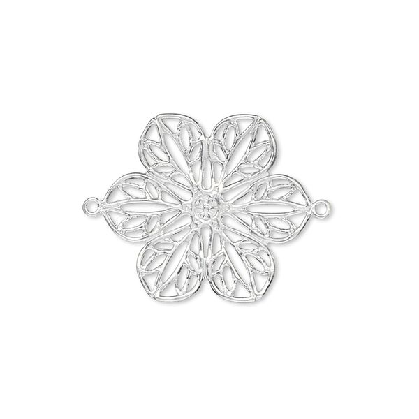 Link, silver-finished brass, 26x20mm filigree flower. Sold per pkg of 10. image number 0