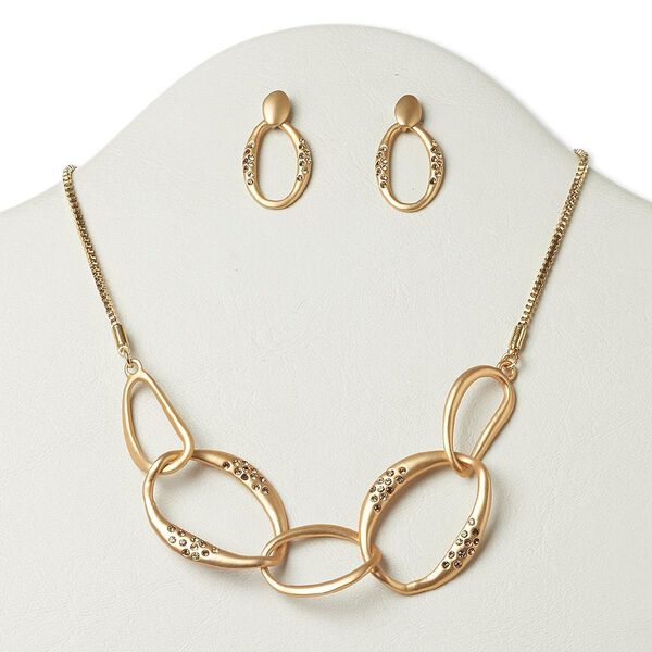 Necklace and earring set, glass with gold-finished "pewter" (zinc-based alloy) and steel, light brown and yellow, open oval, 16 inches with 3-inch extender chain and lobster claw clasp, 1-1/4 inch earrings with post. Sold per set. image number 0