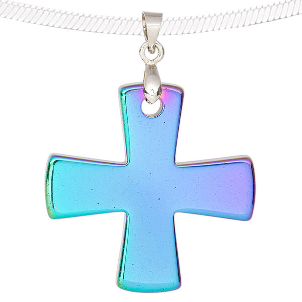 Pendant, electroplated Hemalyke™ (man-made) and silver-finished brass, rainbow, 31mm double-sided cross. Sold individually. image number 0