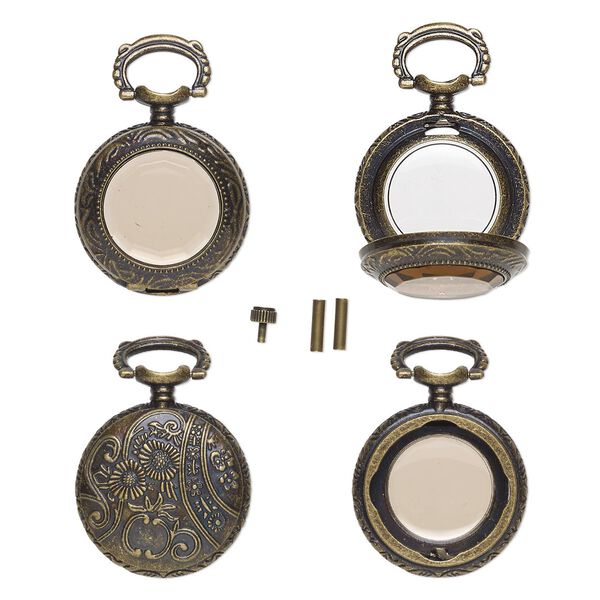 Watch body, acrylic and antique brass-finished "pewter" (zinc-based alloy), transparent brown, 41x27mm with 27mm round and floral design. Sold per 5-piece set. image number 0