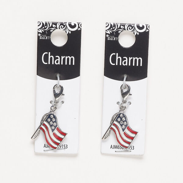 Charm, silver-finished "pewter" (zinc-based alloy) / steel / glass, clear / red / white / blue, 21x18mm single-sided American flag with lobster claw clasp. Sold per pkg of 2. image number 0