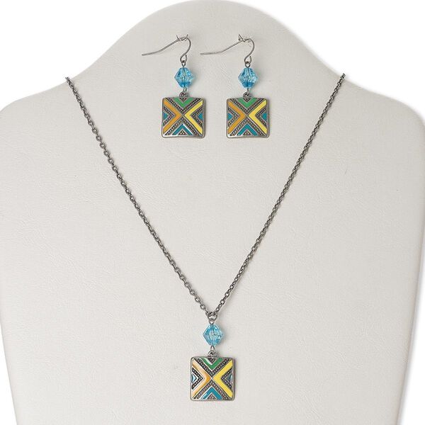 Necklace and earring set, glass / enamel / antiqued silver-finished "pewter" (zinc-based alloy) / steel, blue and multicolored, 18 inches with 3-inch extender chain and lobster claw clasp, 48x21mm earrings with fishhook ear wire. Sold per set. image number 0