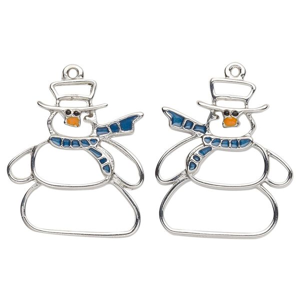 Charm, enamel and imitation rhodium-plated "pewter" (zinc-based alloy), blue / orange / black, 25x21mm left- and right-facing single-sided cutout snowman. Sold per pkg of 2. image number 0