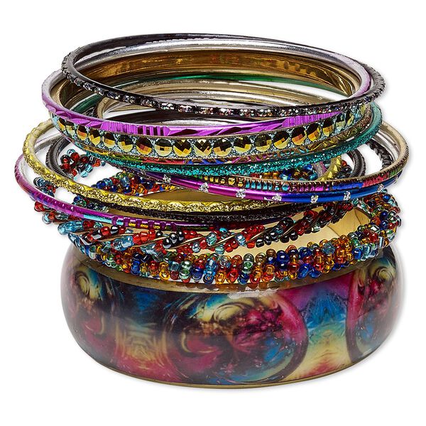 Bracelet, bangle, glass / enamel / resin / gold-finished steel / aluminum / brass, assorted colors with glitter, 2.5-17mm wide, 7-1/2 to 8 inches. Sold per 14-piece set. image number 0