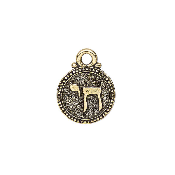 Drop, TierraCast®, antique gold-plated pewter, 14.5mm single-sided beaded round with chai. Sold individually. image number 0