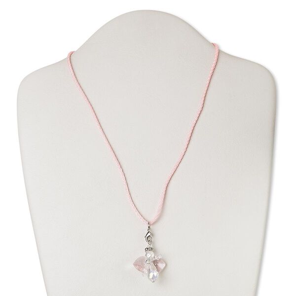 Necklace, nylon / glass / silver-plated steel / brass, pink and clear, angel, 18 inches with 2-inch extender chain and lobster claw clasp. Sold individually. image number 0