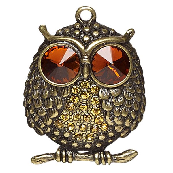 Focal, glass rhinestone and antiqued brass-finished "pewter" (zinc-based alloy), orange and golden yellow, 38x33mm owl. Sold individually. image number 0