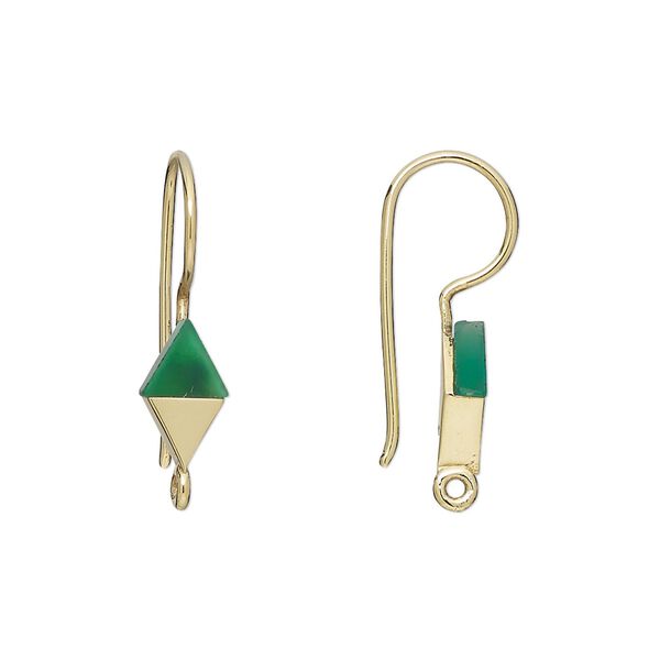 Ear wire fishhook 1pkg2 sterling silver / green onyx, 24mm / 10x6mm hand-cut diamond / closed loop, 19 gauge gold-finished 1 pair image number 0