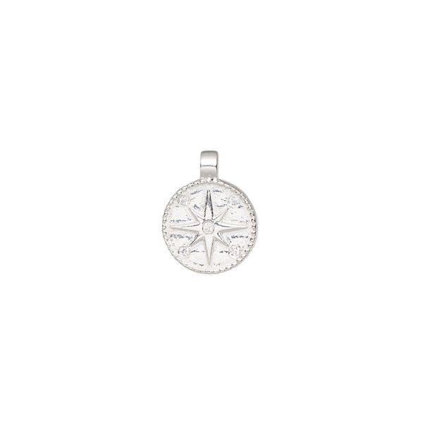 Charm, sterling silver and cubic zirconia, clear, 10mm double-sided compass rose, Sold Individually. image number 0