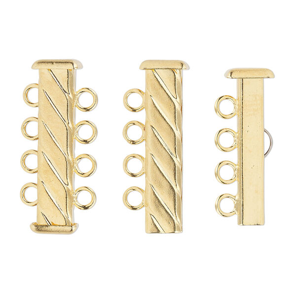 Clasp, 4-strand slide lock, gold-plated brass, 26x7mm corrugated rectangle tube. Sold per pkg of 4. image number 0