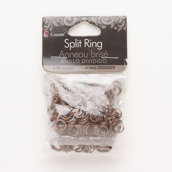 Split ring mix, antique copper-finished steel, 6mm and 8mm round. Sold per pkg of 240. image number 0