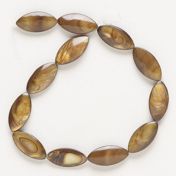 Bead, mother-of-pearl shell (dyed), brown, 17x8mm-18x9mm puffed marquise, Mohs hardness 3-1/2. Sold per 8-inch strand, approximately 10 beads. image number 0
