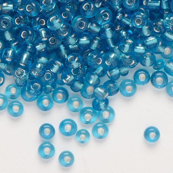 Seed bead, glass, pkg/100g, #6 round, translucent silver-lined aqua blue. image number 0