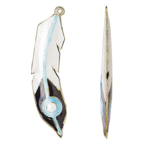 Focal, cloisonné, enamel and gold-finished brass, white / light blue / black, 70x17mm double-sided curved feather. Sold individually. image number 0