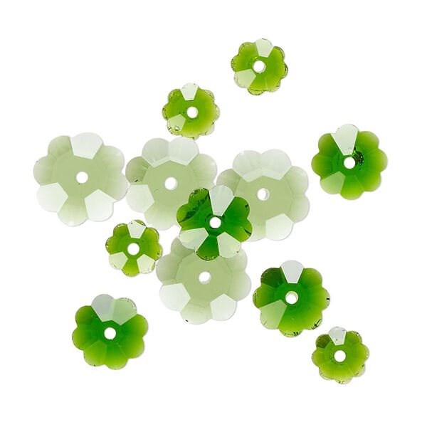 Bead assortment, emerald green, 10x3.5mm / 8x3mm / 6x2mm flower margarita. Sold per pkg of 12. image number 0