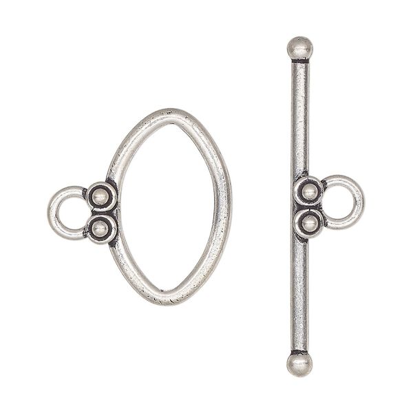 Clasp, toggle, antiqued sterling silver, 21x13mm oval with dots. Sold individually. image number 0