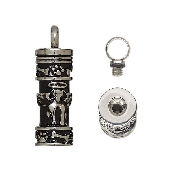 Pendant, stainless steel / silicone / enamel, black, 30.5x9.5mm cylinder with dog with halo and wings and watertight chamber. Sold individually. image number 0