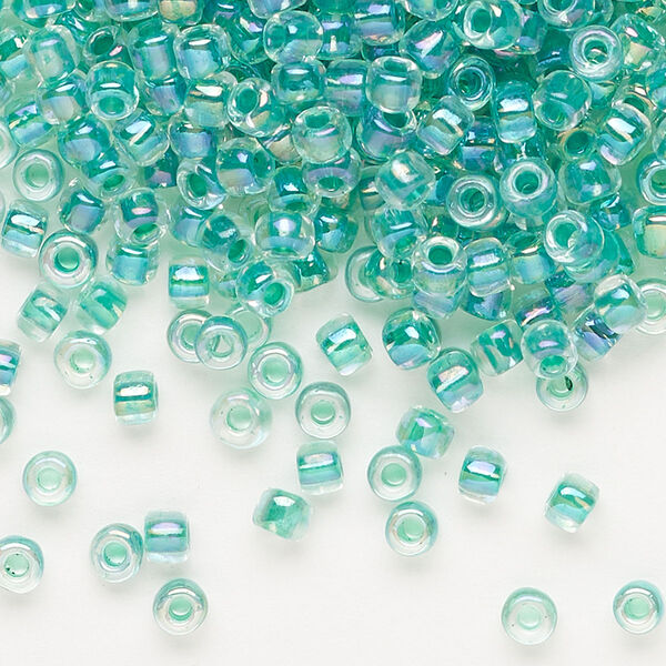Seed bead, Dyna-Mites™, glass, transparent rainbow inside color sea foam, #6 round. Sold per 1/2 kilogram pkg. image number 0