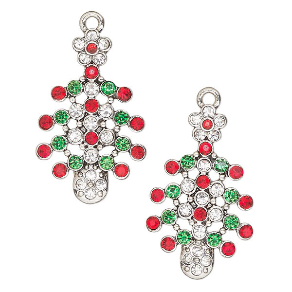 Focal, antique silver-finished "pewter" (zinc-based alloy), red / green / clear, 30x19mm Christmas tree. Sold per pkg of 2. image number 0