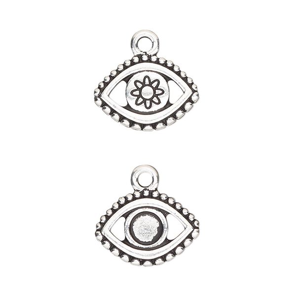 Charm, TierraCast®, "Happy Go Lucky" collection, antique silver-plated pewter (tin-based alloy), 16x11mm two-sided evil eye with SS20 flat back glue-in setting. Sold per pkg of 2. image number 0