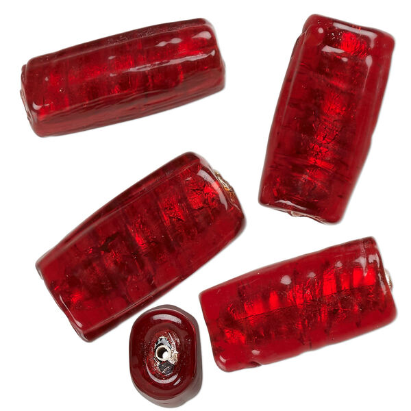 Bead, lampworked glass, opaque red, 24x12mm-23x11mm flat tube with silver-colored foil. Sold per pkg of 4. image number 0