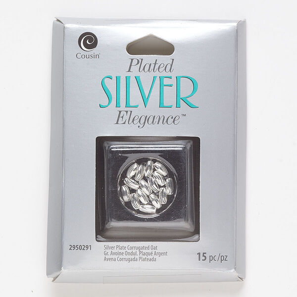 Bead, lacquer and silver-plated brass, 6x3mm corrugated oval. Sold per pkg of 15. image number 0