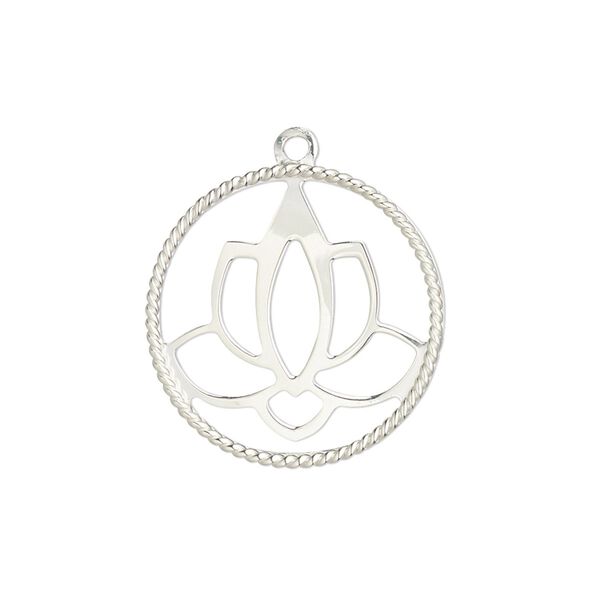 Charm, sterling silver, 22mm single-sided round with rope edge and cutout lotus design. Sold individually. image number 0
