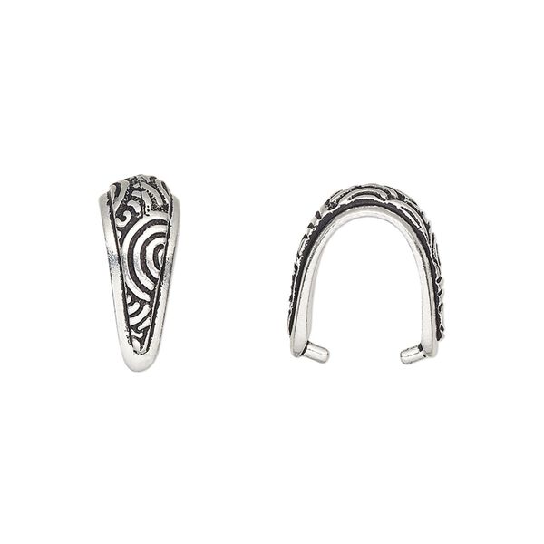 Bail, TierraCast®, ice-pick, antique silver-plated pewter (tin-based alloy), 15x6.5mm with swirl design, 11mm grip length. Sold per pkg of 20. image number 0
