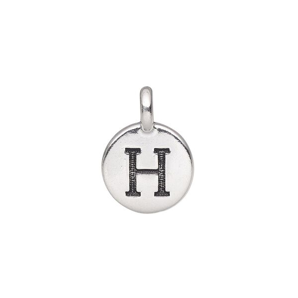 Drop, TierraCast®, antique silver-plated pewter (tin-based alloy), 11.5mm single-sided round with textured alphabet letter "H." Sold per pkg of 2. image number 0