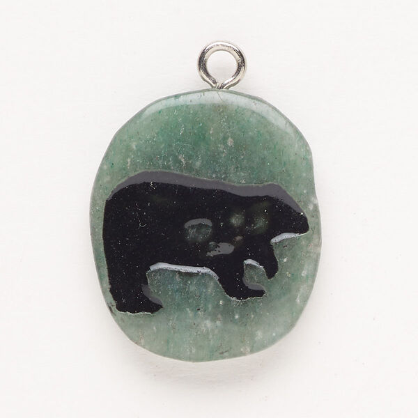 Focal, steel/green aventurine (natural)/enamel, pkg/1, silver finish and black, 30x24mm-39x27mm single-sided puffed freeform with bear, B grade. image number 0