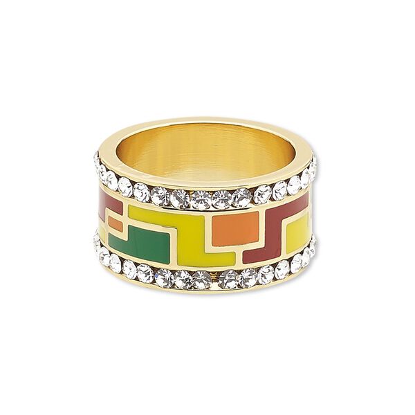 Ring, Avant-Garde Jewelry Collection, enamel / Czech glass rhinestone / gold-plated brass, multicolored, 12mm wide with geometric design, size 8-1/2. Sold individually. image number 0