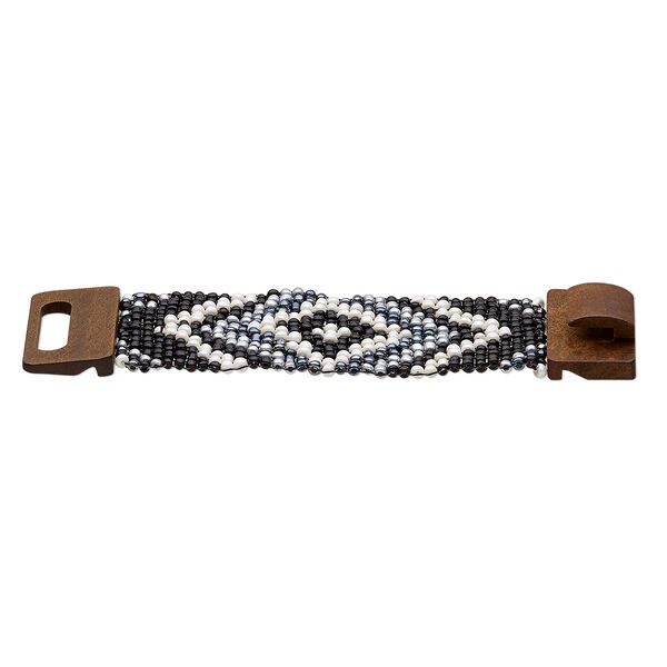Bracelet, stretch, glass and stained wood, silver and multicolored, 46mm wide with chevron design, 6-1/2 inches with hook-and-eye clasp. Sold individually. image number 0