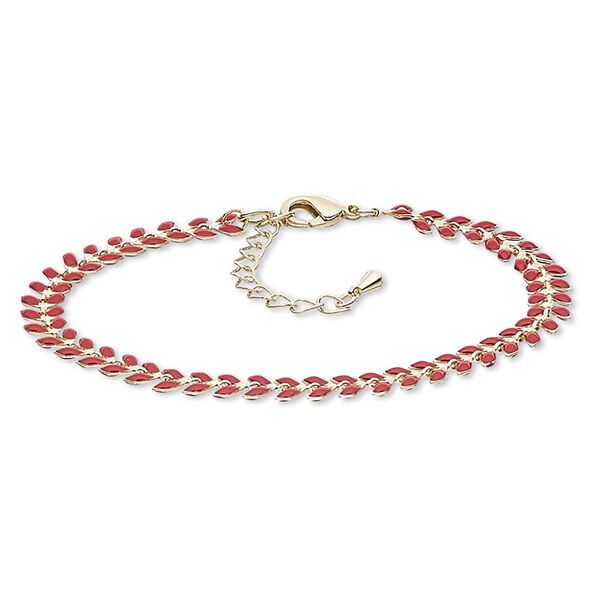 Bracelet, epoxy and gold-finished brass, red, 6.5mm wide with wreath design, 7 inches with 2-inch extender chain and lobster claw clasp. Sold individually. image number 0