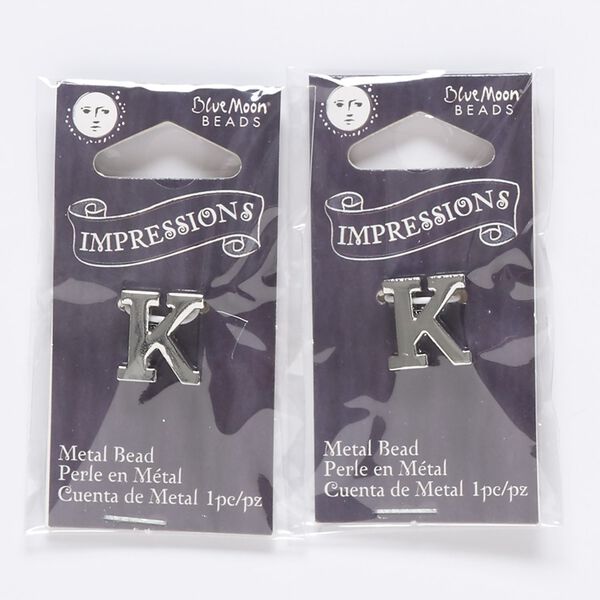 Bead, silver-finished "pewter" (zinc-based alloy), 13x12mm top-drilled alphabet letter "K" with 2mm hole. Sold per pkg of 2. image number 0