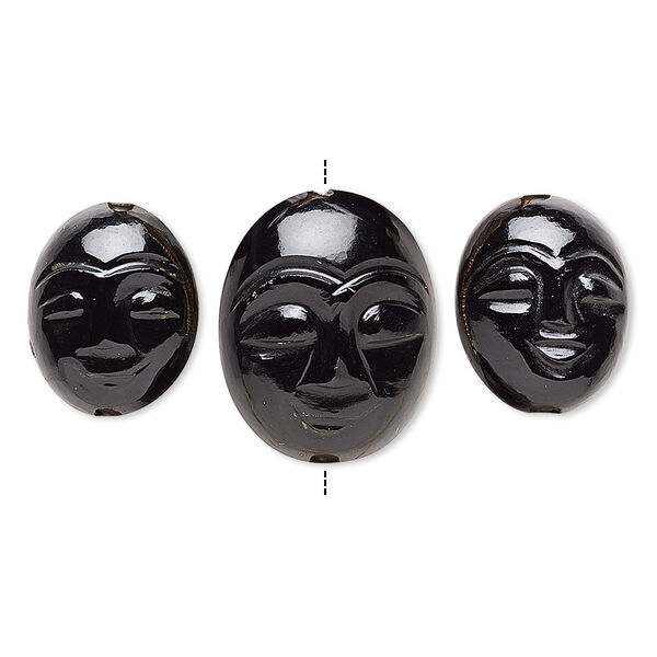 Black onyx 1pkg3, hand-cut oval bead 15x12mm / 19x15mm carved face image number 0