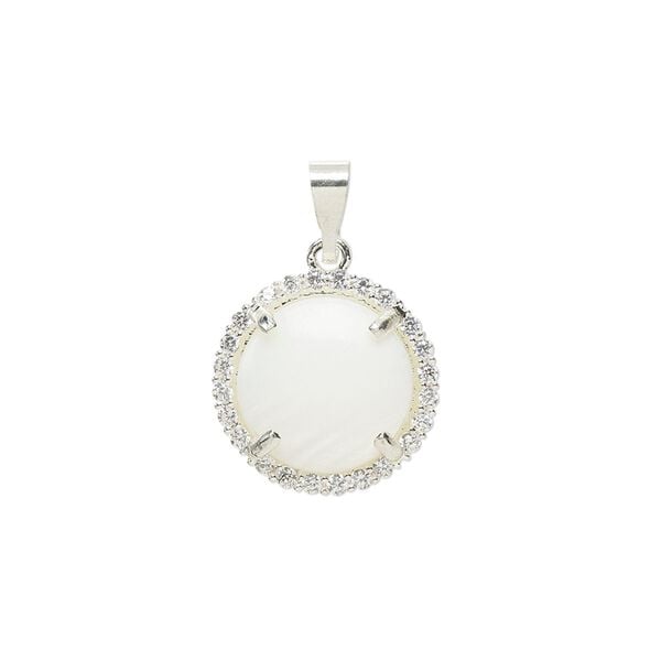 Pendant, glass rhinestone / mother-of-pearl shell / silver-finished brass, clear and white, 15mm single-sided round. Sold individually. image number 0