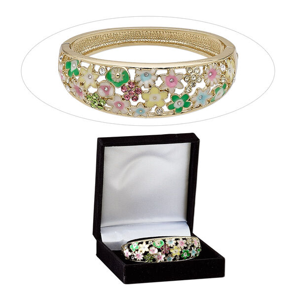 Bracelet, bangle, enamel / Czech glass rhinestone / gold-finished "pewter" (zinc-based alloy), multicolored, 22mm wide with flowers, 7 inches with hinged tab clasp. Sold individually. image number 0