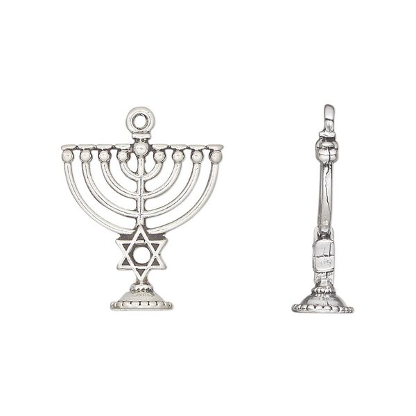 Drop, antiqued sterling silver, 18x17mm menorah. Sold individually. image number 0
