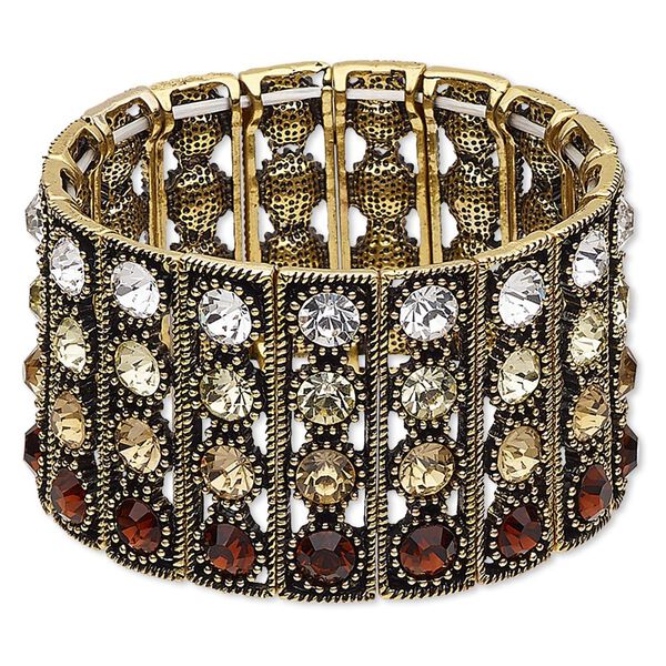 Bracelet, stretch, glass rhinestone and antique gold-finished "pewter" (zinc-based alloy), multicolored, 38.5mm wide with 4-row design, 7 inches. Sold individually. image number 0