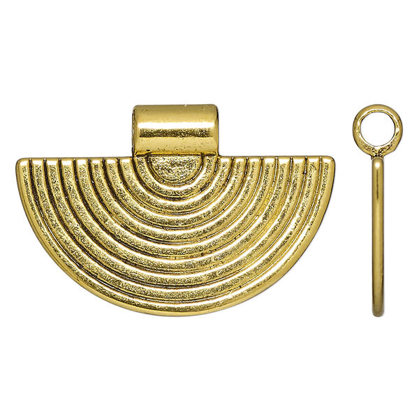 Pendant, slide, antique gold-finished "pewter", 34.5x23mm double-sided fan with line design, 3.5mm inside diameter. Sold per pkg of 4. image number 0