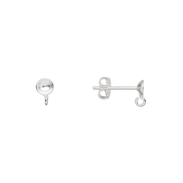 Earstud 1pkg10 sterling silver, 4mm cup / open loop / 4-6mm round glue-in setting / earnuts, 5 pair image number 0