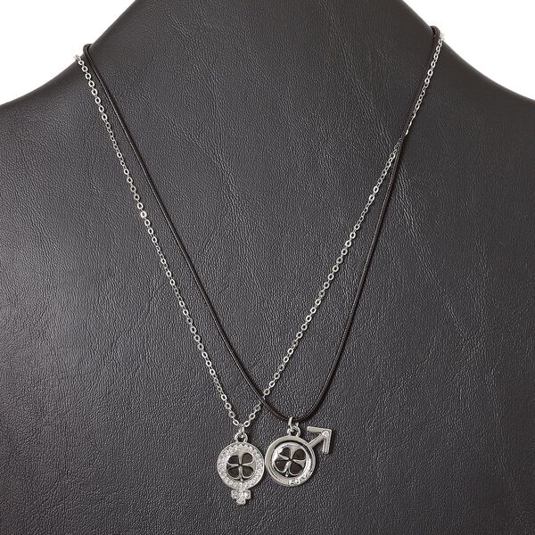 Necklace, rhodium-finished "pewter" (zinc-based alloy) / enamel / glass rhinestone / leather (dyed), black and clear, 20x15mm male symbol with clover and "LOVE" and 20x16mm female symbol with clover, 15" to 16" necklace with lobster claw clasp and 3-inch extender chain. Sold per 2-piece set. image number 0