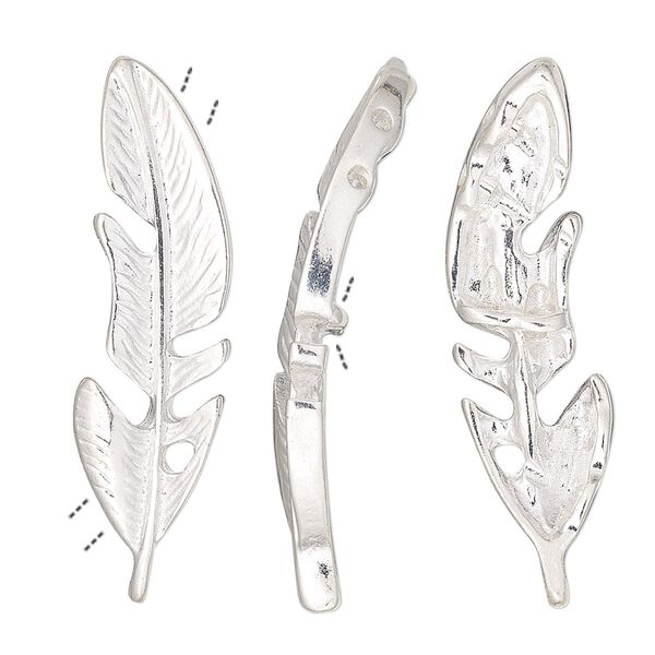 Spacer, silver-finished "pewter" (zinc-based alloy), 37x10mm single-sided curved feather with 4 holes. Sold per pkg of 2. image number 0