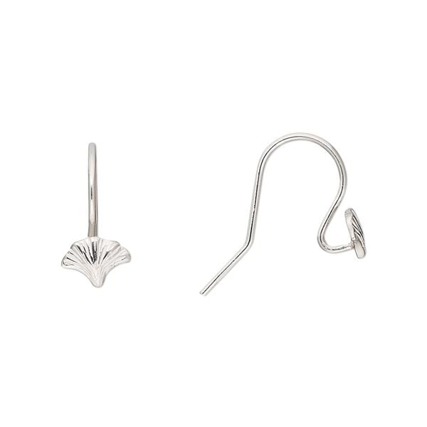 Ear wire fishhook 1pkg2 Amoracast® sterling silver, 14mm / 7x5mm leaf ginkgo / open loop, 20 gauge 1 pair image number 0