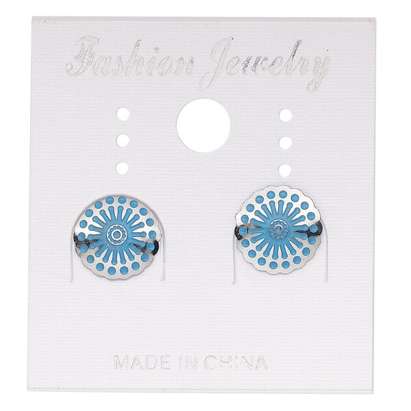 Earstud, stainless steel, blue patina, 10mm round with sun design. Sold per pair. image number 0