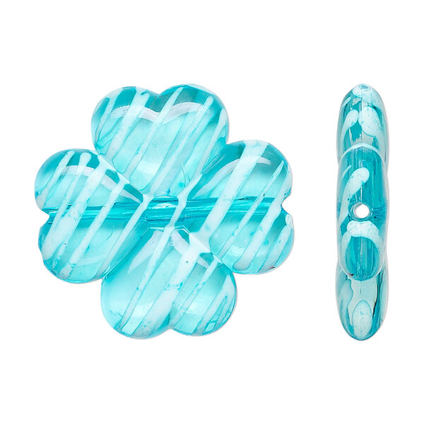 Bead, acrylic, semitransparent blue and white, 27x26mm 4-leaf clover with painted line design. Sold per pkg of 32. image number 0