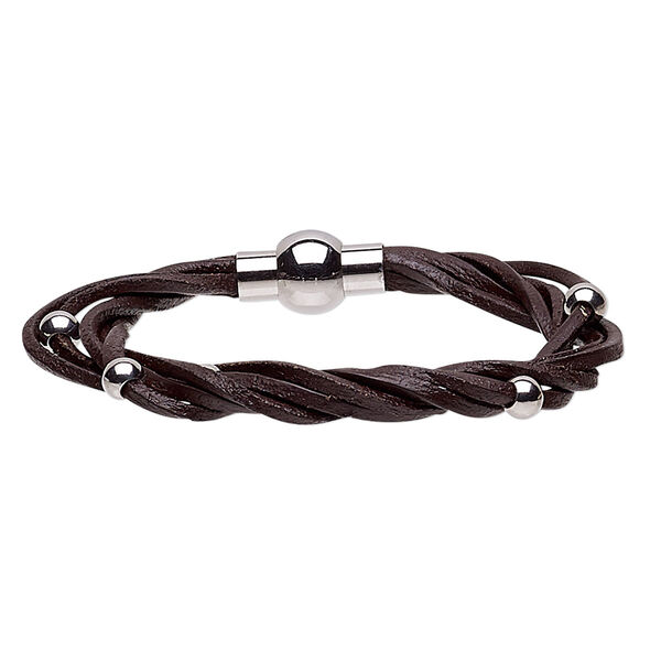 Bracelet, 5-strand, leather (dyed) and stainless steel, black, 8mm wide twisted with 5mm round, 6-1/2 inches with magnetic clasp. Sold individually. image number 0