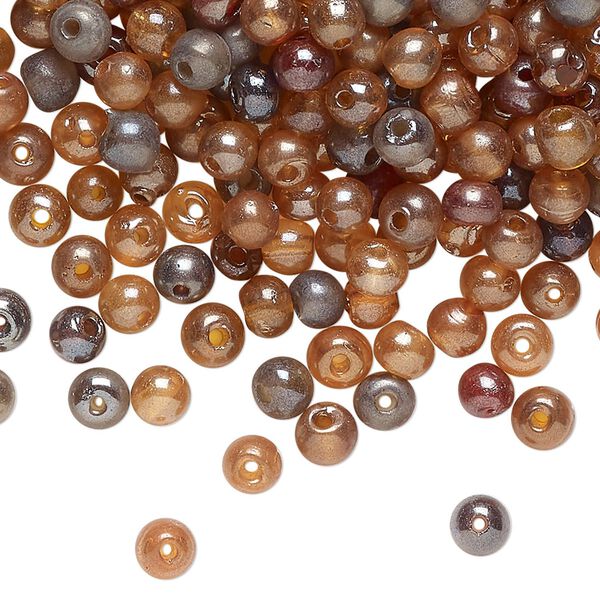 Bead mix, glass, translucent topaz brown / red / blue-grey, 4-5mm round. Sold per 2-ounce pkg, approximately 560 beads. image number 0