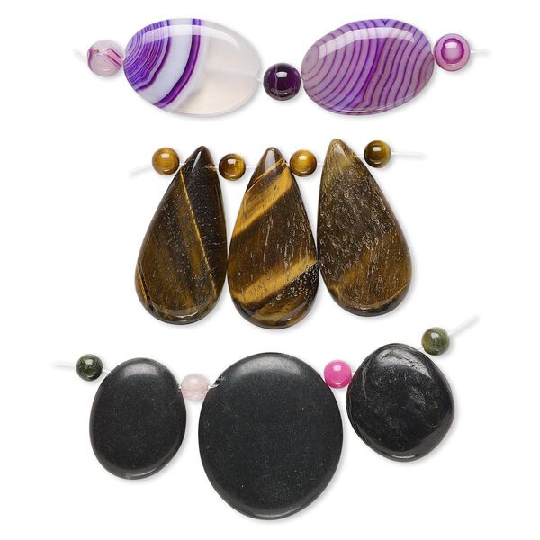 Focal and bead mix, multi-gemstone (natural / dyed / imitation), mixed colors, 35x33mm-44x35mm mixed shape, Mohs hardness 3 to 7. Sold per pkg of 3 sets. image number 0